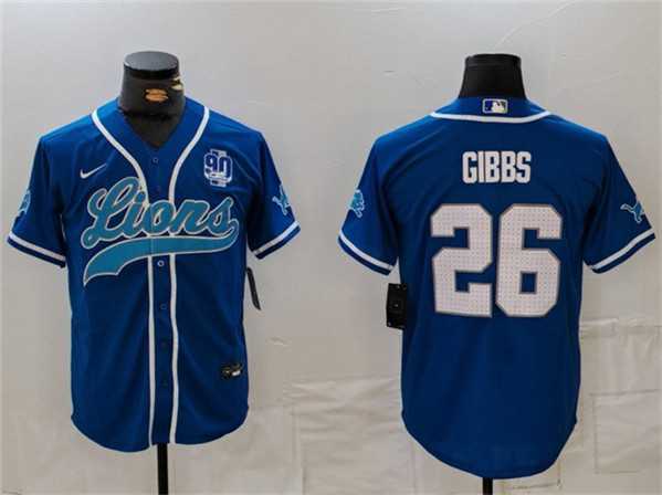 Men%27s Detroit Lions #26 Jahmyr Gibbs Blue With 90th Anniversary Patch Cool Base Stitched Baseball Jersey->detroit lions->NFL Jersey